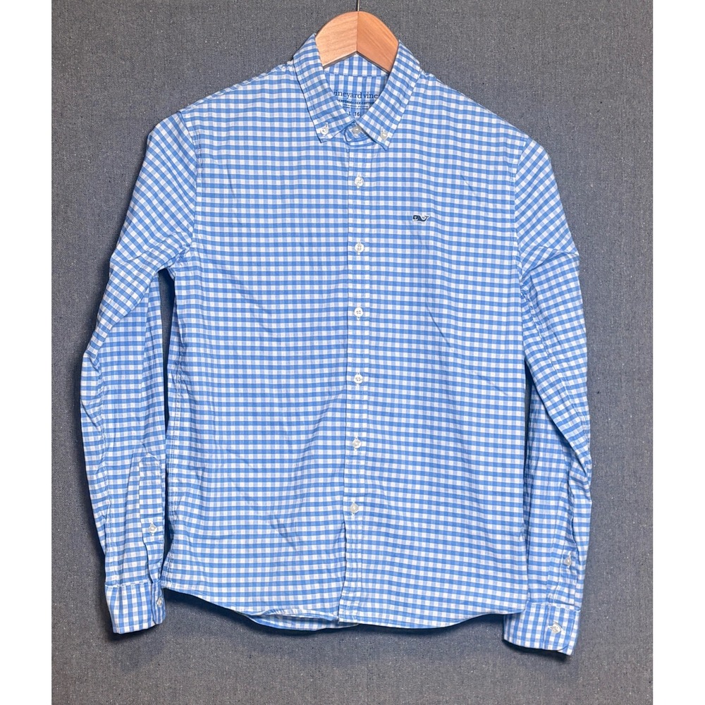 Vineyard Vines Boys Blue Gingham Performance Cotton brrr Button Down Shirt L 16